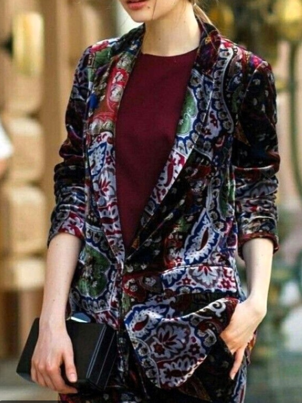 Zara Velvet Paisley Blazer in Multicolor with Burgundy Accents